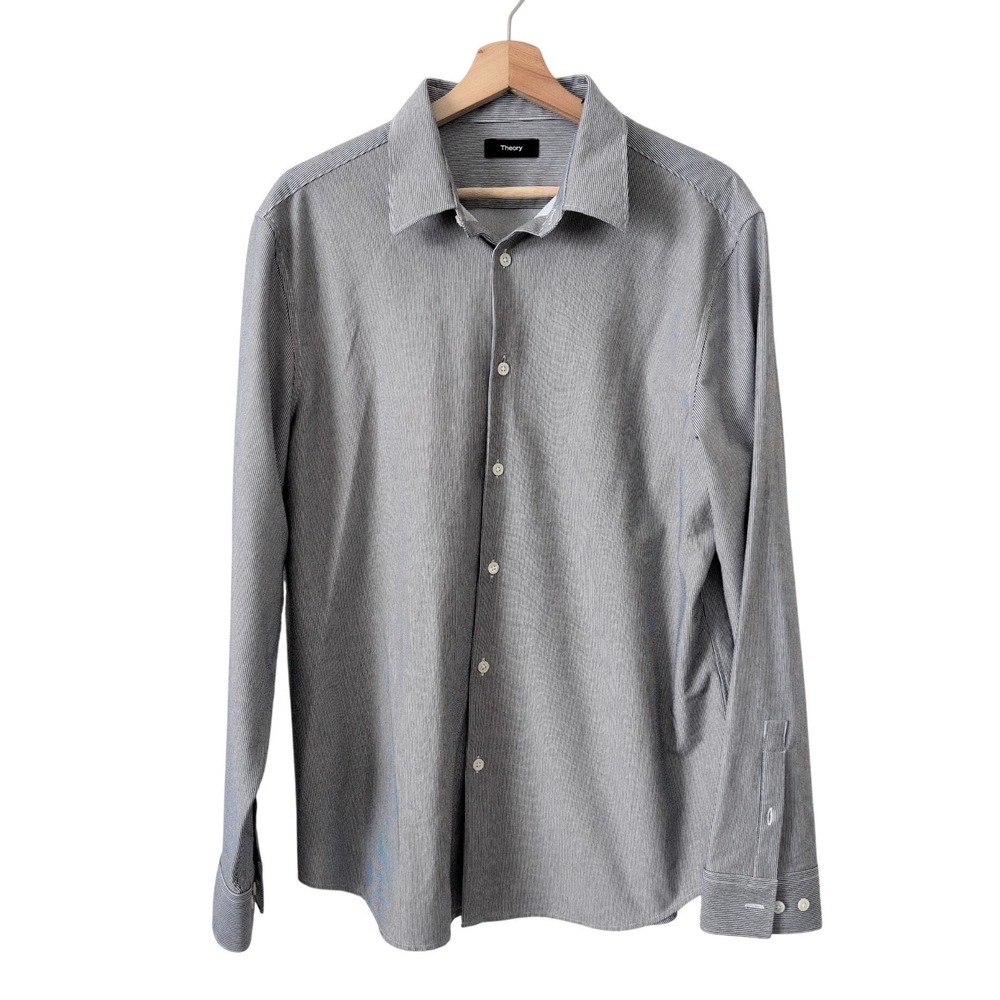 Theory Sylvain ND Structure Mini S Mens XL Black White Micro Stripe‎ Button Down
